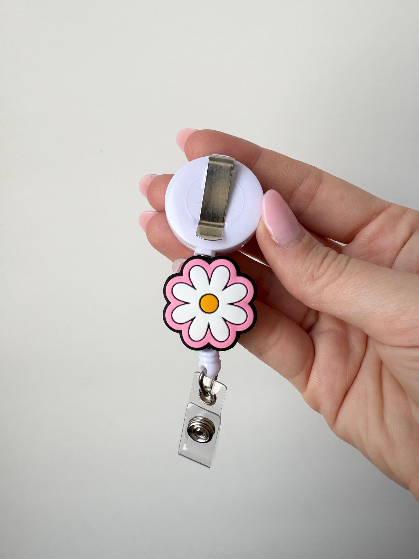 Pink/White Flower Beaded Badge Reel