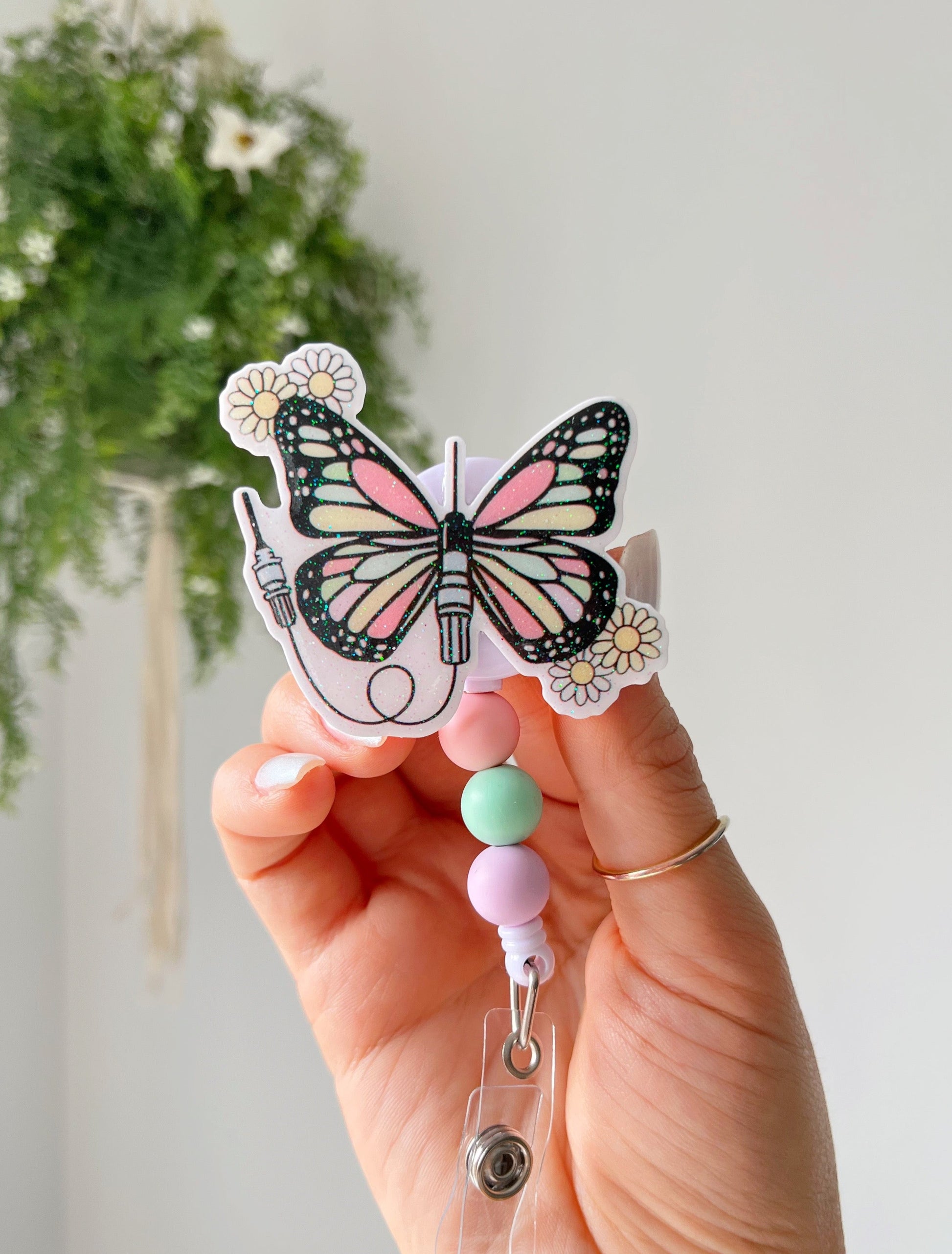  Prebafo 4Pcs Butterfly Badge Holder Reels Cute Pink ID Badge  Holder Retractable Teacher Badge ID Holder Cute Purple Retractable Badge  Wheel : Office Products
