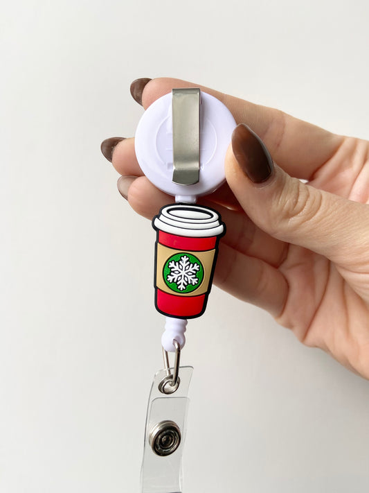 Holiday/Christmas Coffee Cup Beaded Badge Reel