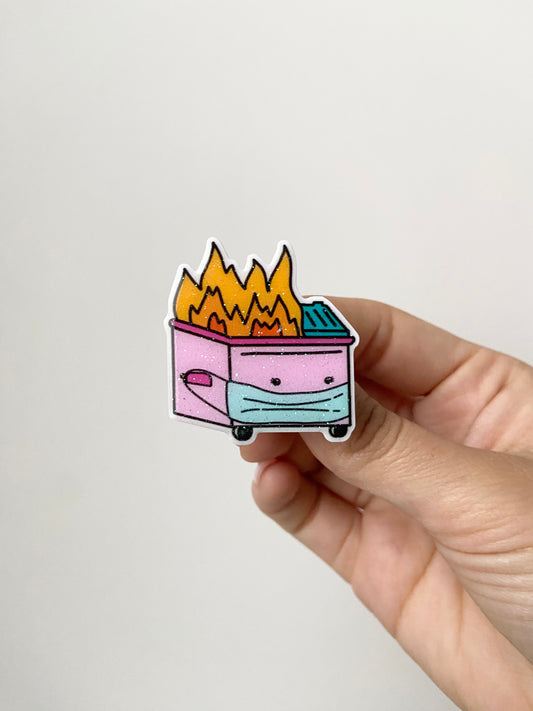 Dumpster Fire with Mask Plastic Badge Topper