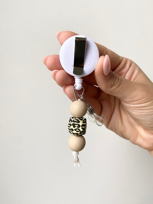 Nude Leopard Keychain Beaded Badge Reel