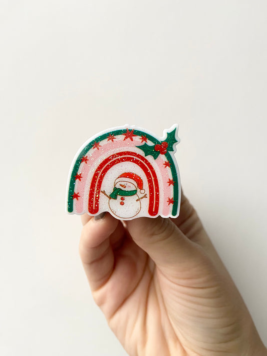 Holiday Rainbow and Snowman Plastic Badge Topper