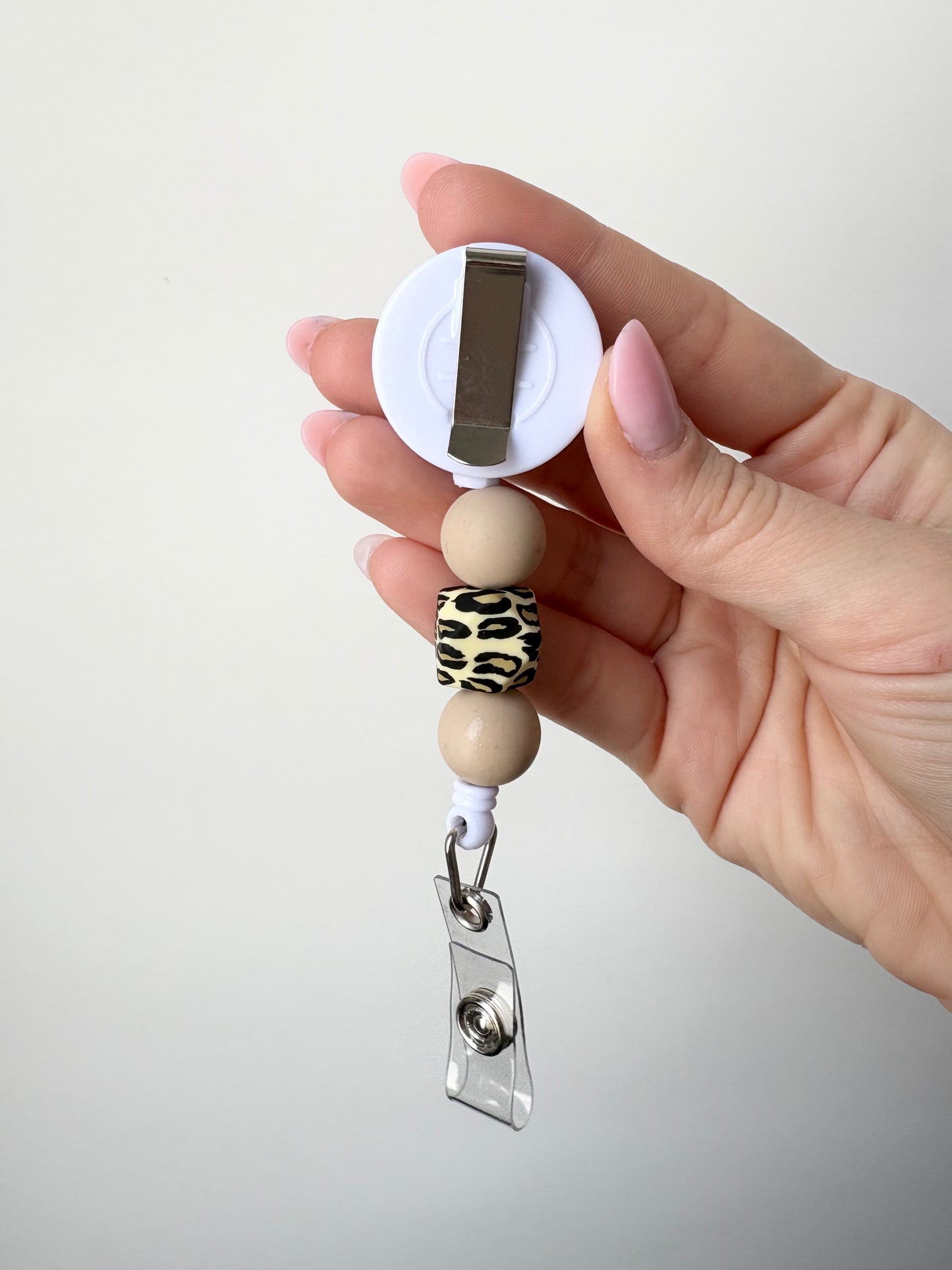 Nude Leopard Beaded Badge Reel