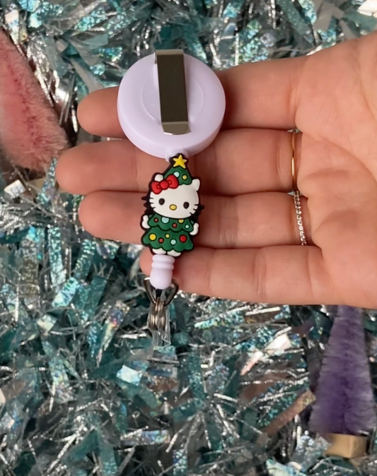 Christmas Tree Kitty Beaded Badge Reel